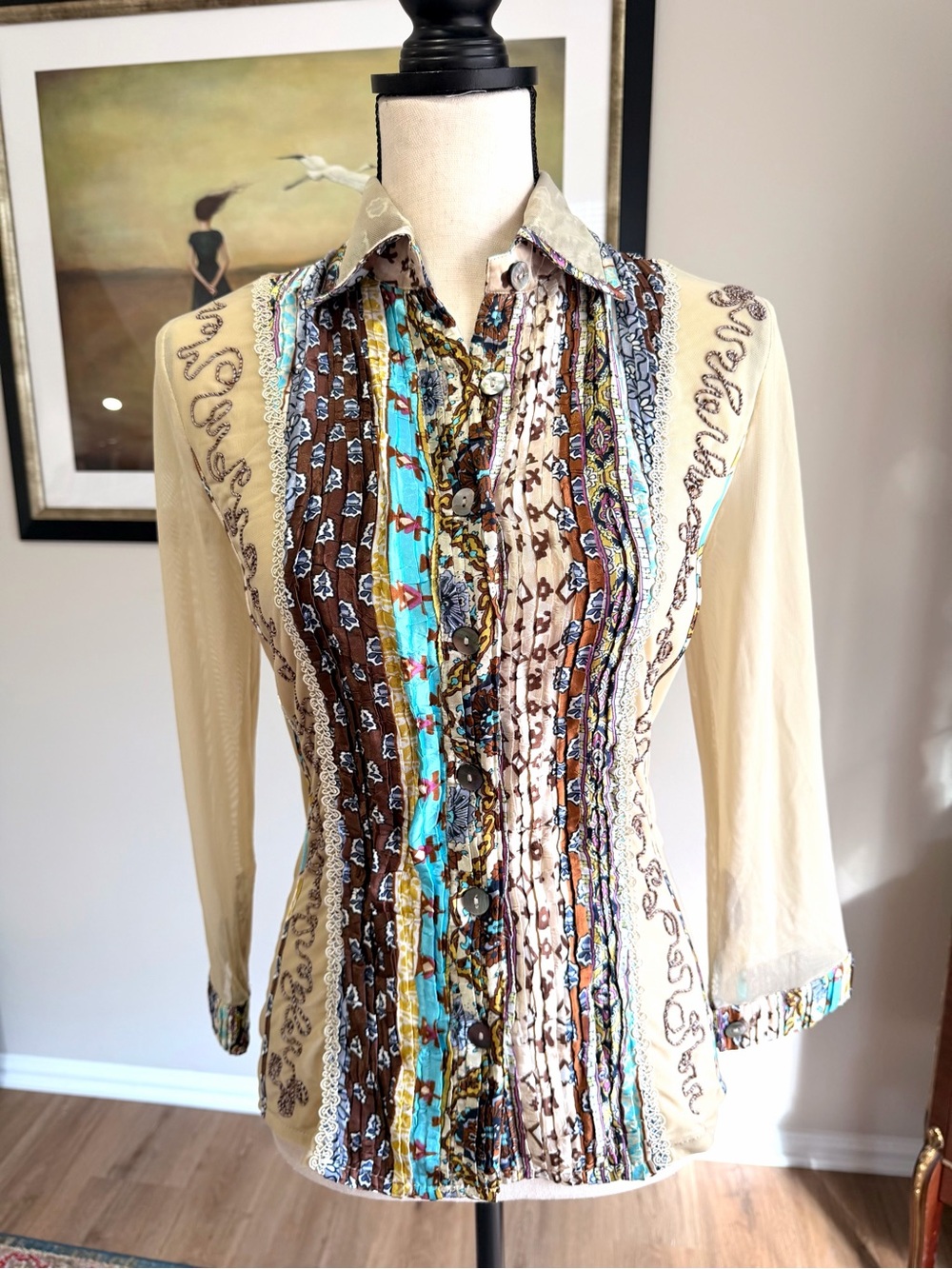 Alberto Makali Embellished Mesh Mixed Print Boho Blouse Top S